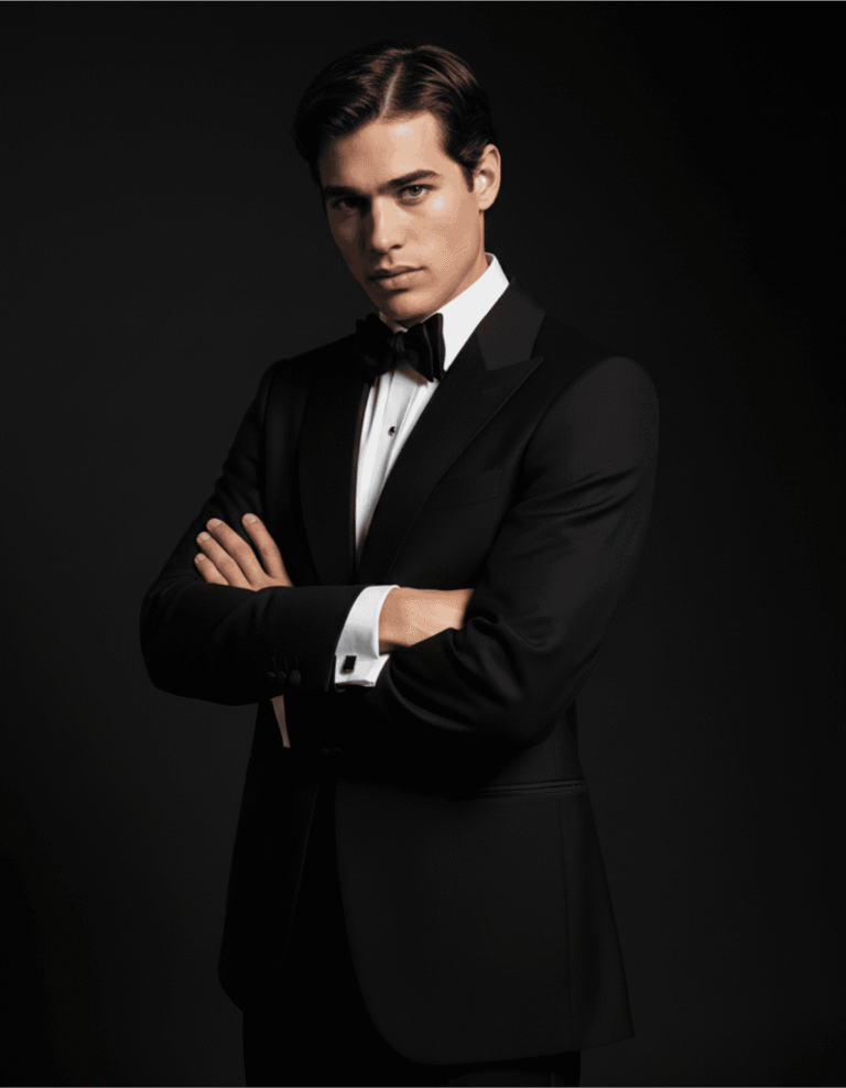 Hyper Realistic AI Editorial image generation tuxedo brand 7 posemelabs-ai-editorial-image-generation-tuxedo-arms-crossed
