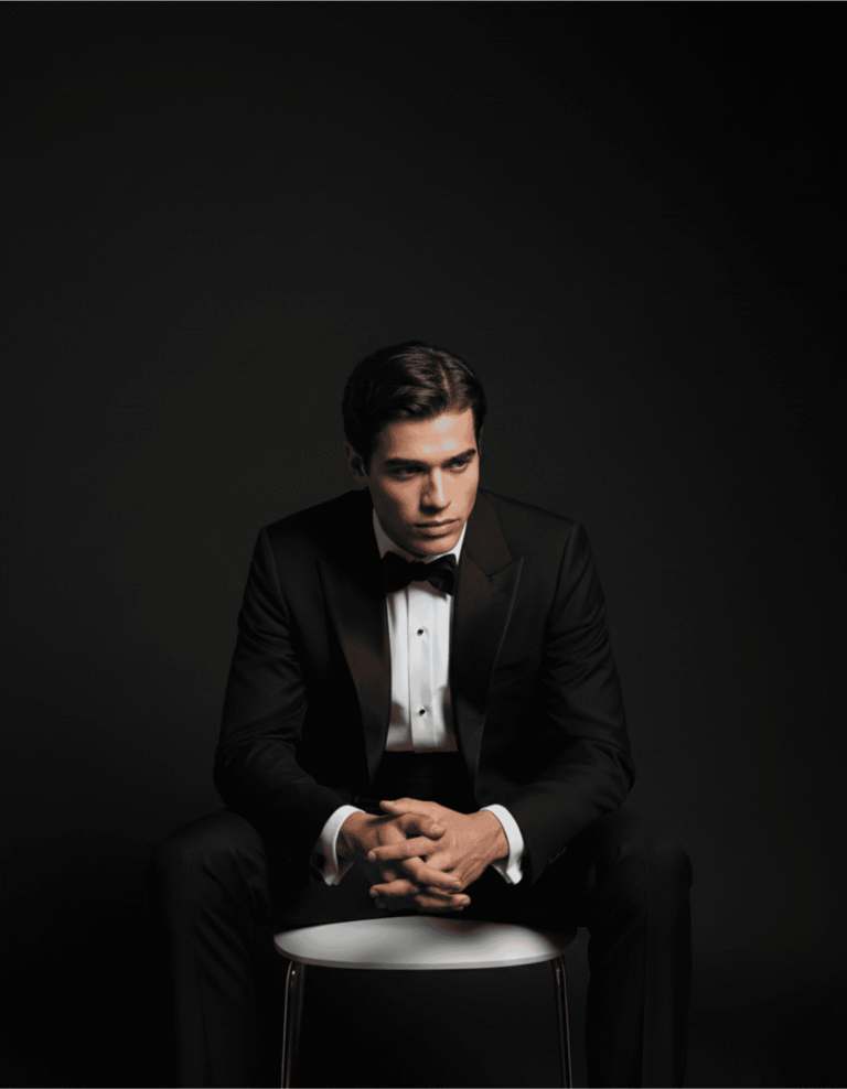 Hyper Realistic AI Editorial image generation tuxedo brand 5 posemelabs-ai-editorial-image-generation-tuxedo-contemplative -sit