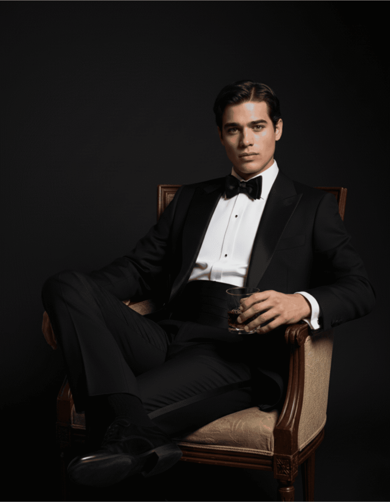 Hyper Realistic AI Editorial image generation tuxedo brand 2 posemelabs-ai-editorial-image-generation-tuxedo-seated-glass-inhand
